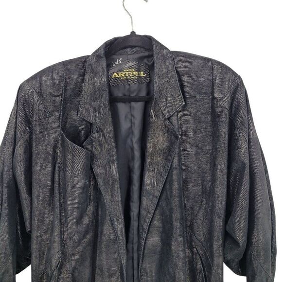 Vtg 80s Genuine Leather Jacket Sz L Black Oil Slick Textured Batwing Oversized - Picture 4 of 12